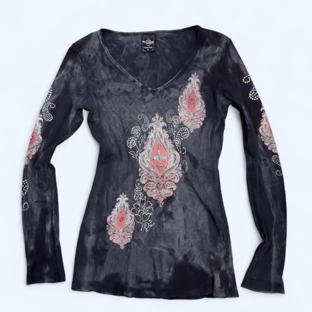 Y2K Sledge long sleeve thermal in‎ a faded black wash, red white paisley graphic